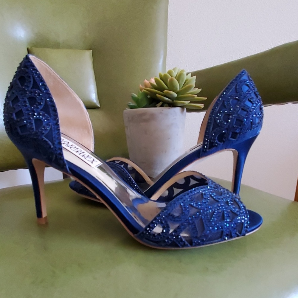 Badgley Mischka Blue Sparkle Heels Peep-Toe D'Orsay